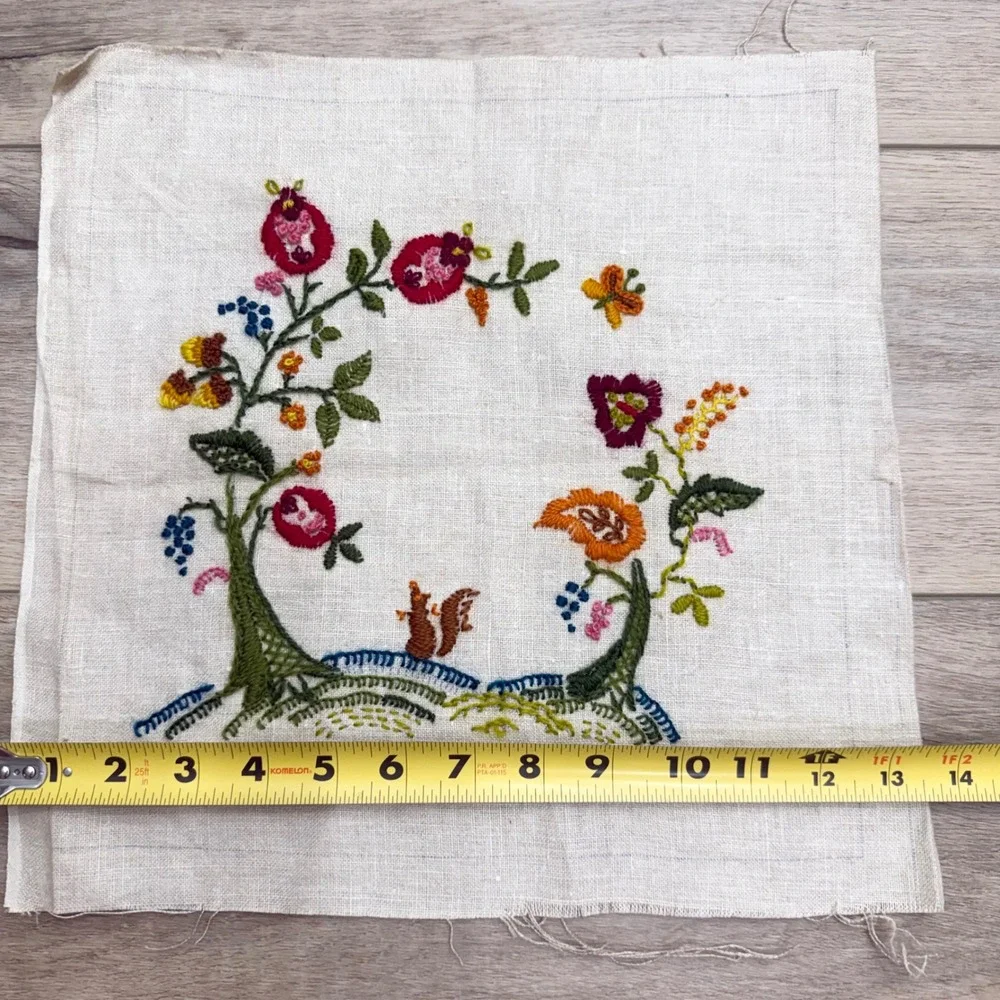 Vintage Hand Embroidered Linen Panel Squirrel Floral Crewel Folk Art 13x14